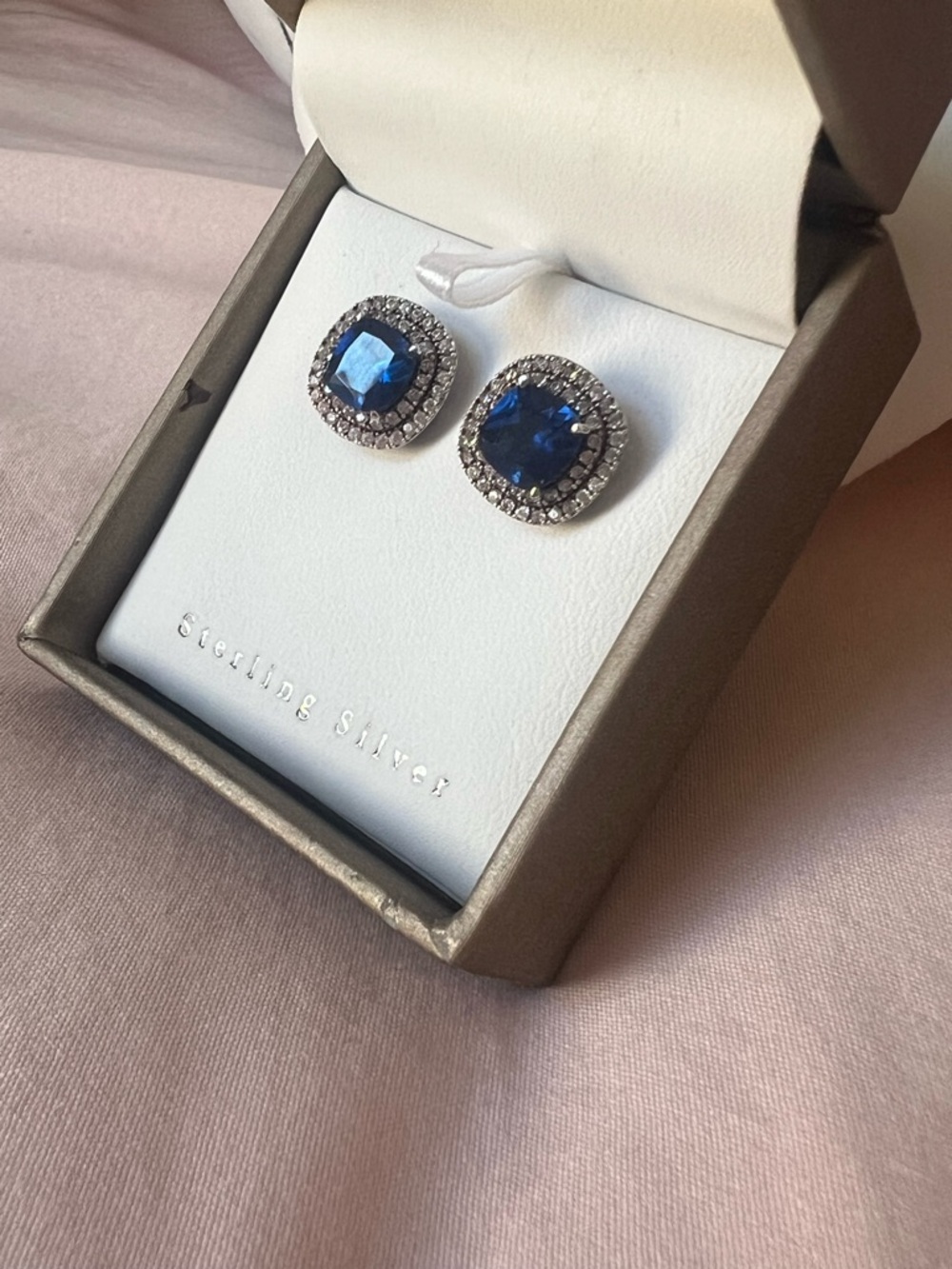 Sterling Silver Sapphire Blue Halo Stud Earrings